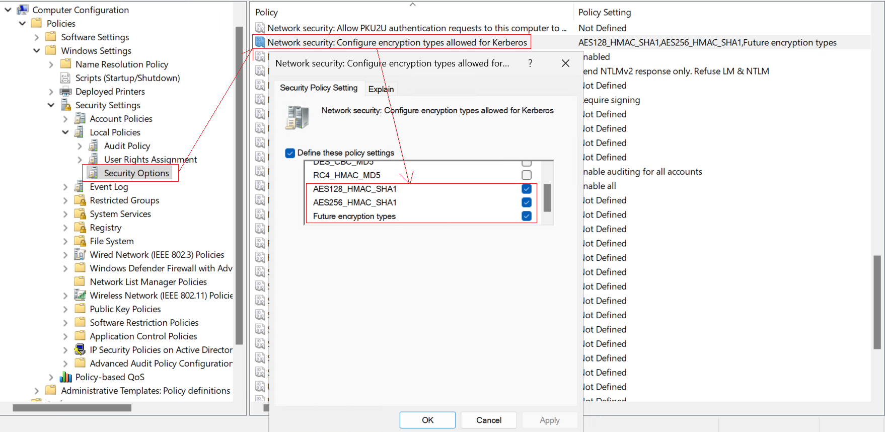Disable DES and RC4 encryption types in Kerberos policy