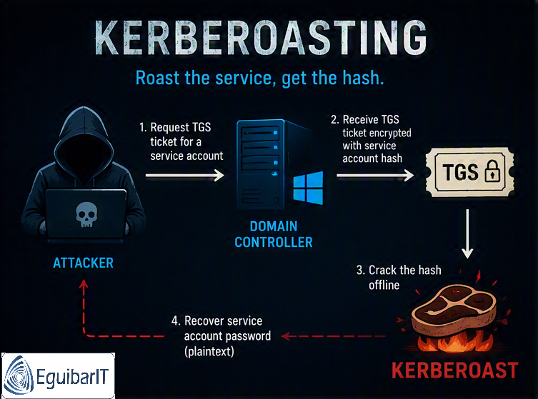 Kerberoasting attack flow: SPN enumeration, TGS request, offline hash cracking